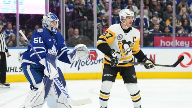 Nov 11, 2022; Toronto, Ontario, CAN; Pittsburgh Penguins center Sidney Crosby (87) skates in front of Toronto Maple Leafs goaltender Erik Kallgren (50) during the second period at Scotiabank Arena. Mandatory Credit: Nick Turchiaro-USA TODAY Sports